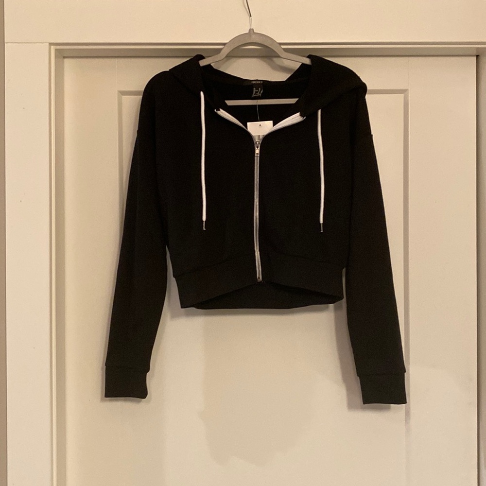 Black Cropped Terry Cloth Zip Up